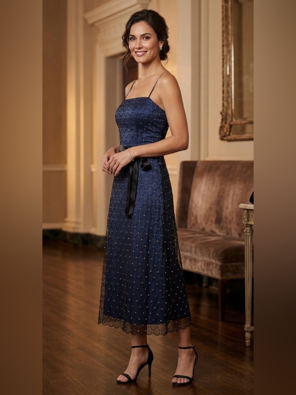 Adrianna‎ Papell Navy shiny Trellis Midi Dress – Sheer Mesh Overlay & Satin Sash